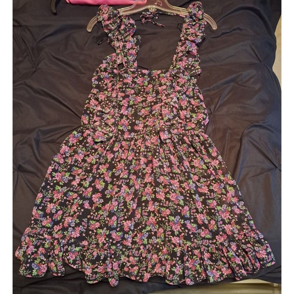 NWT Zara Black & Pink Floral Ruffle Square Neck Mini Dress Size Medium - Picture 5 of 8